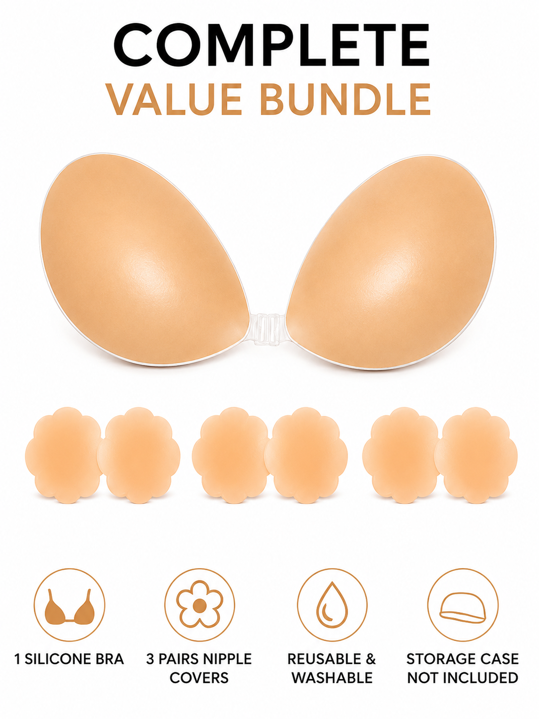 Silicone Adhesive Bra with 3 Pairs Reusable Silicone Nipple Covers – Strapless Sticky Push Up Bra for Women, Invisible Backless Bra for Deep V Dresses, Wedding, Backless & Strapless Outfits
