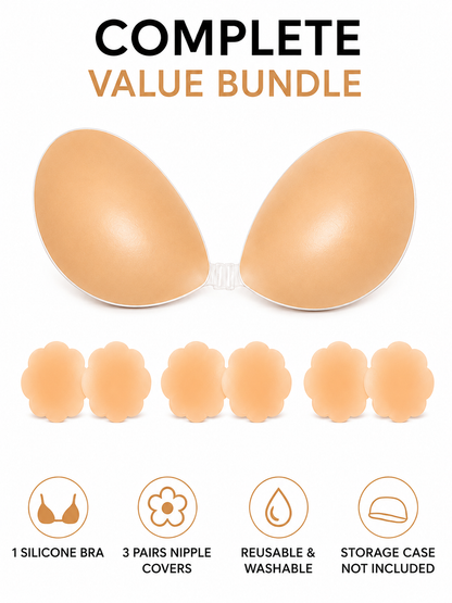 Silicone Adhesive Bra with 3 Pairs Reusable Silicone Nipple Covers – Strapless Sticky Push Up Bra for Women, Invisible Backless Bra for Deep V Dresses, Wedding, Backless & Strapless Outfits