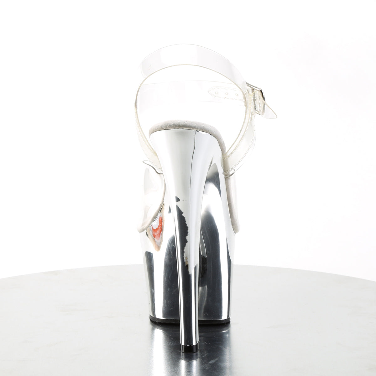 SKY-308 7" Heel, 2 3/4" Chrome Plated PF Ankle Strap Sandal