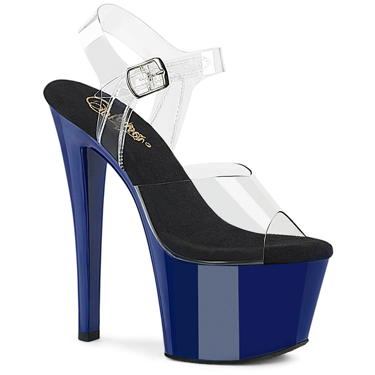 SKY-308 7" Heel, 2 3/4" Chrome Plated PF Ankle Strap Sandal
