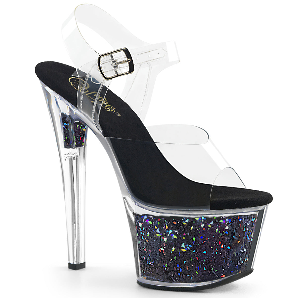 SKY-308GF *7" Heel, 2 3/4" Glitter Filled PF Ankle Strap Sandal