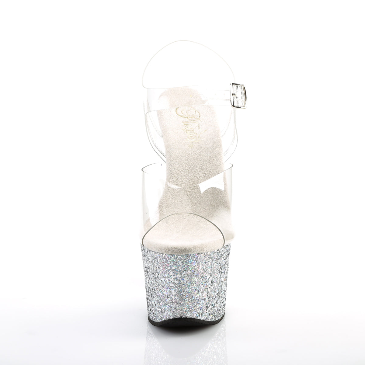 SKY-308LG 7" Heel, 2 3/4" PF Ankle Strap Sandal w/ Glitter Bottom