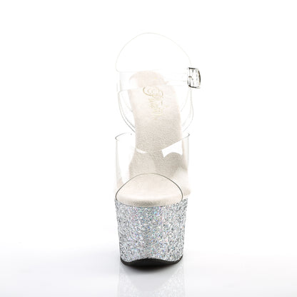 SKY-308LG 7" Heel, 2 3/4" PF Ankle Strap Sandal w/ Glitter Bottom