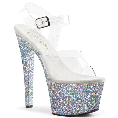 SKY-308LG 7" Heel, 2 3/4" PF Ankle Strap Sandal w/ Glitter Bottom