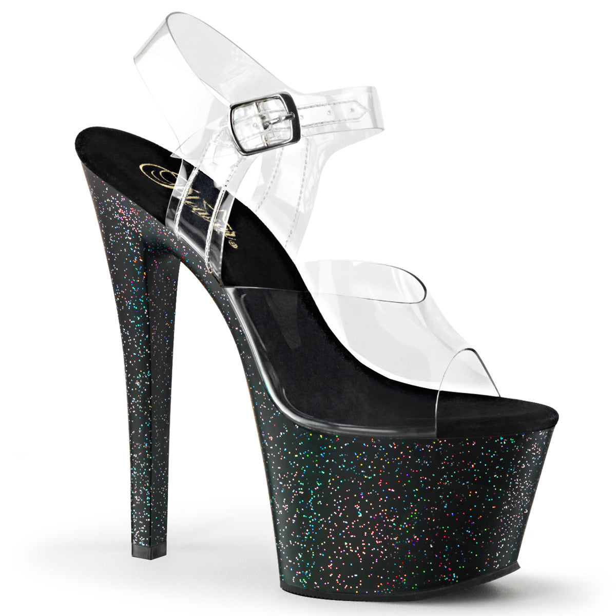 SKY-308MG 7" Heel, 2 3/4" PF Ankle Strap Sandal w/Mini Glitter