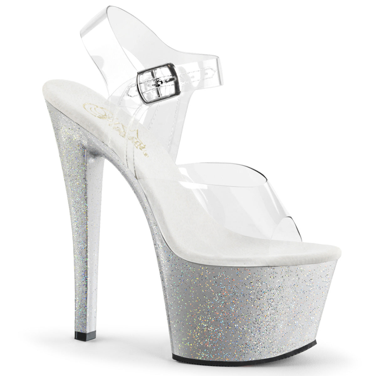 SKY-308MG 7" Heel, 2 3/4" PF Ankle Strap Sandal w/Mini Glitter