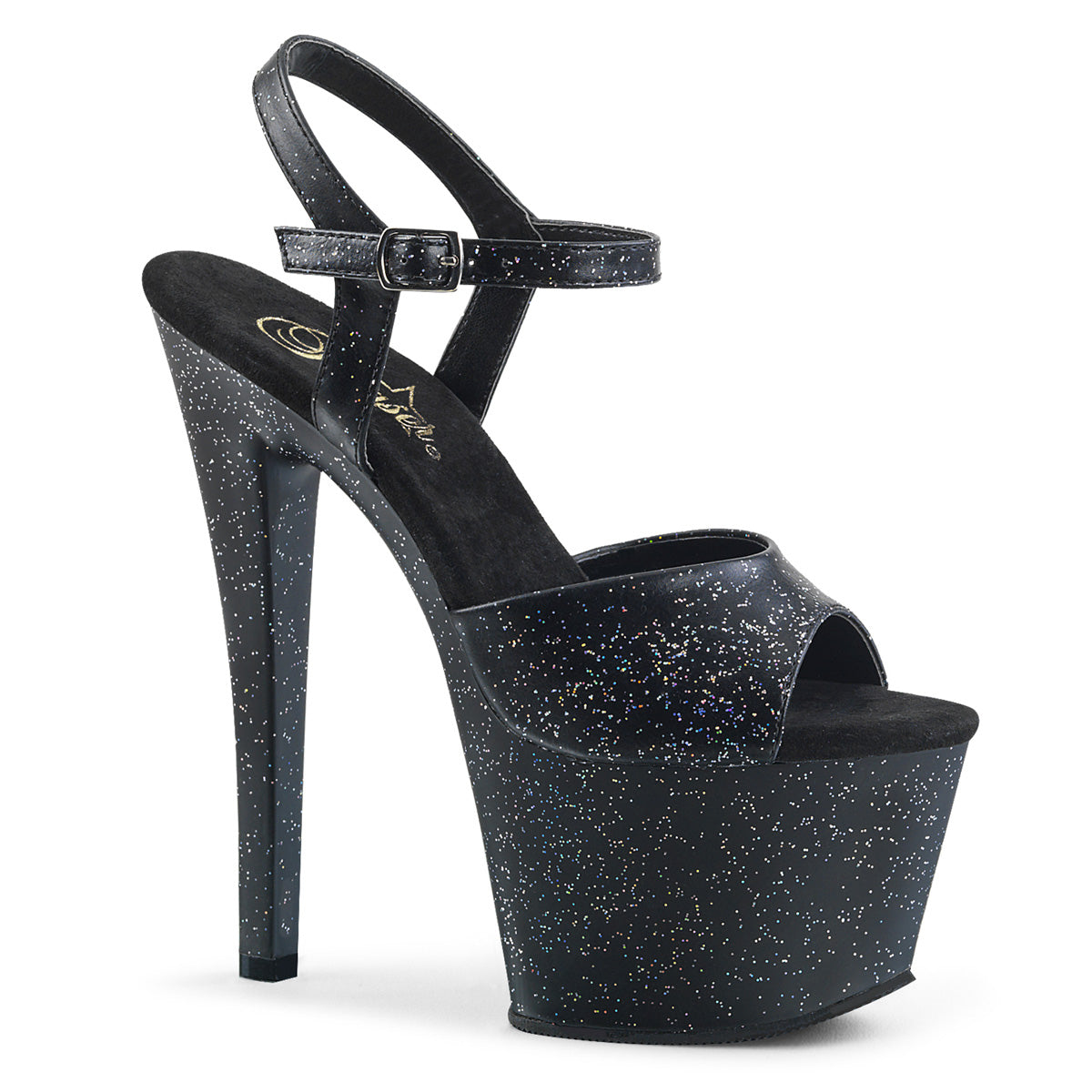SKY-309MMG 7" Heel, 2 3/4" PF Heel Ankle Strap Sandal w/Mini Glitter