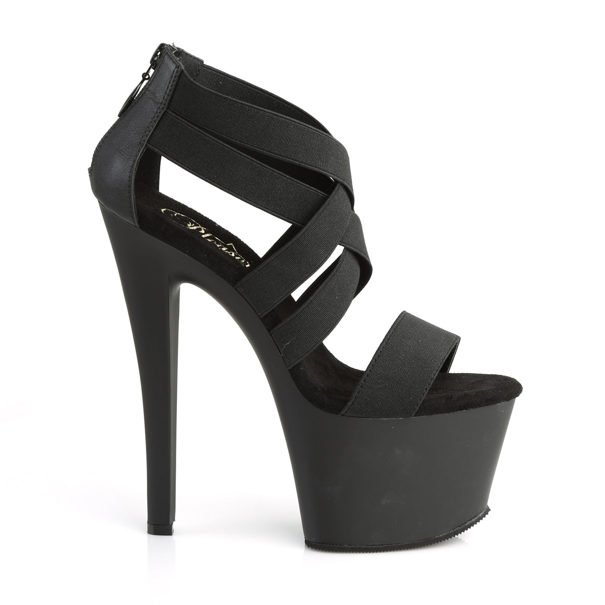 SKY-369 *7" Heel, 2 3/4" PF Criss Cross Sandal, Back Zip