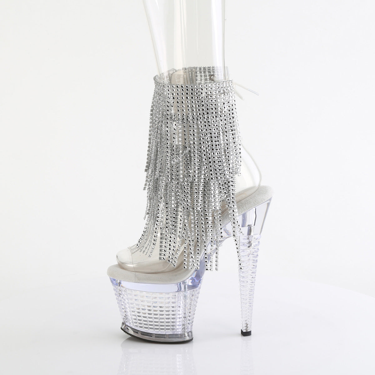 SPECTATOR-1017RSF 7" Heel, 3" Textured PF Open Toe/Heel Lace-Up Fringe Ankle