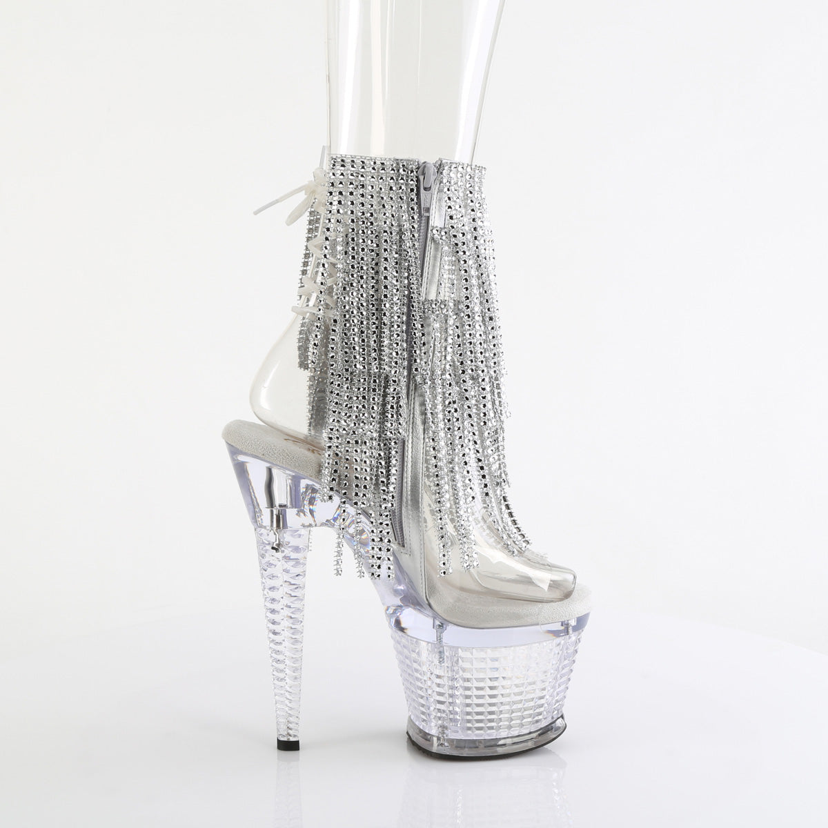 SPECTATOR-1017RSF 7" Heel, 3" Textured PF Open Toe/Heel Lace-Up Fringe Ankle