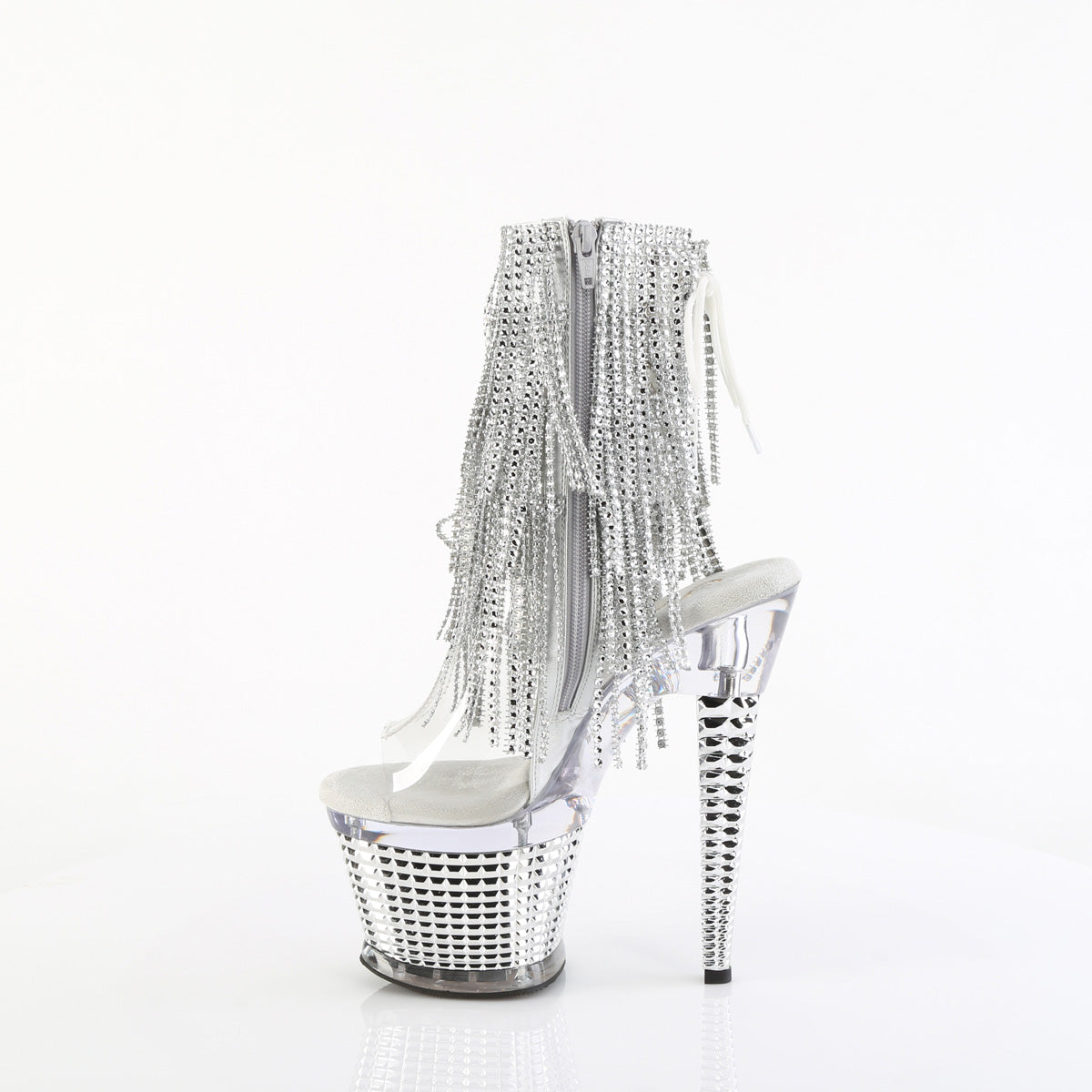SPECTATOR-1017RSF **7" Heel, 3" Textured PF Open Toe/Heel Lace-Up Fringe Ankle