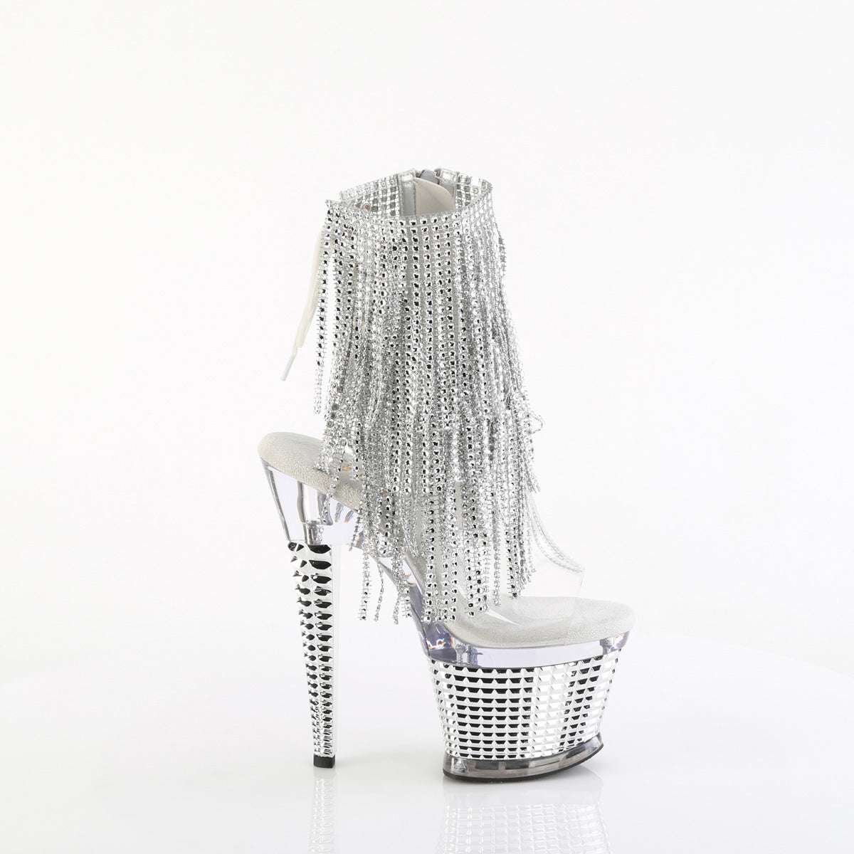 SPECTATOR-1017RSF **7" Heel, 3" Textured PF Open Toe/Heel Lace-Up Fringe Ankle