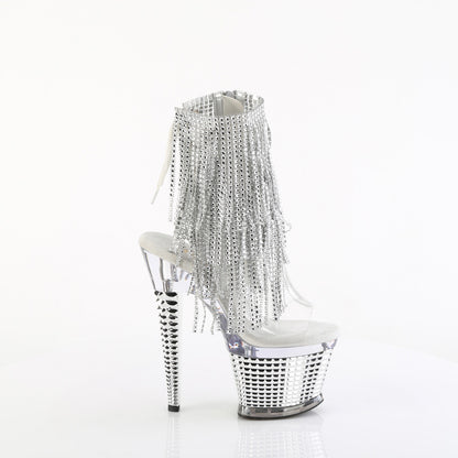 SPECTATOR-1017RSF **7" Heel, 3" Textured PF Open Toe/Heel Lace-Up Fringe Ankle