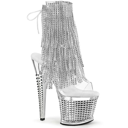 SPECTATOR-1017RSF **7" Heel, 3" Textured PF Open Toe/Heel Lace-Up Fringe Ankle