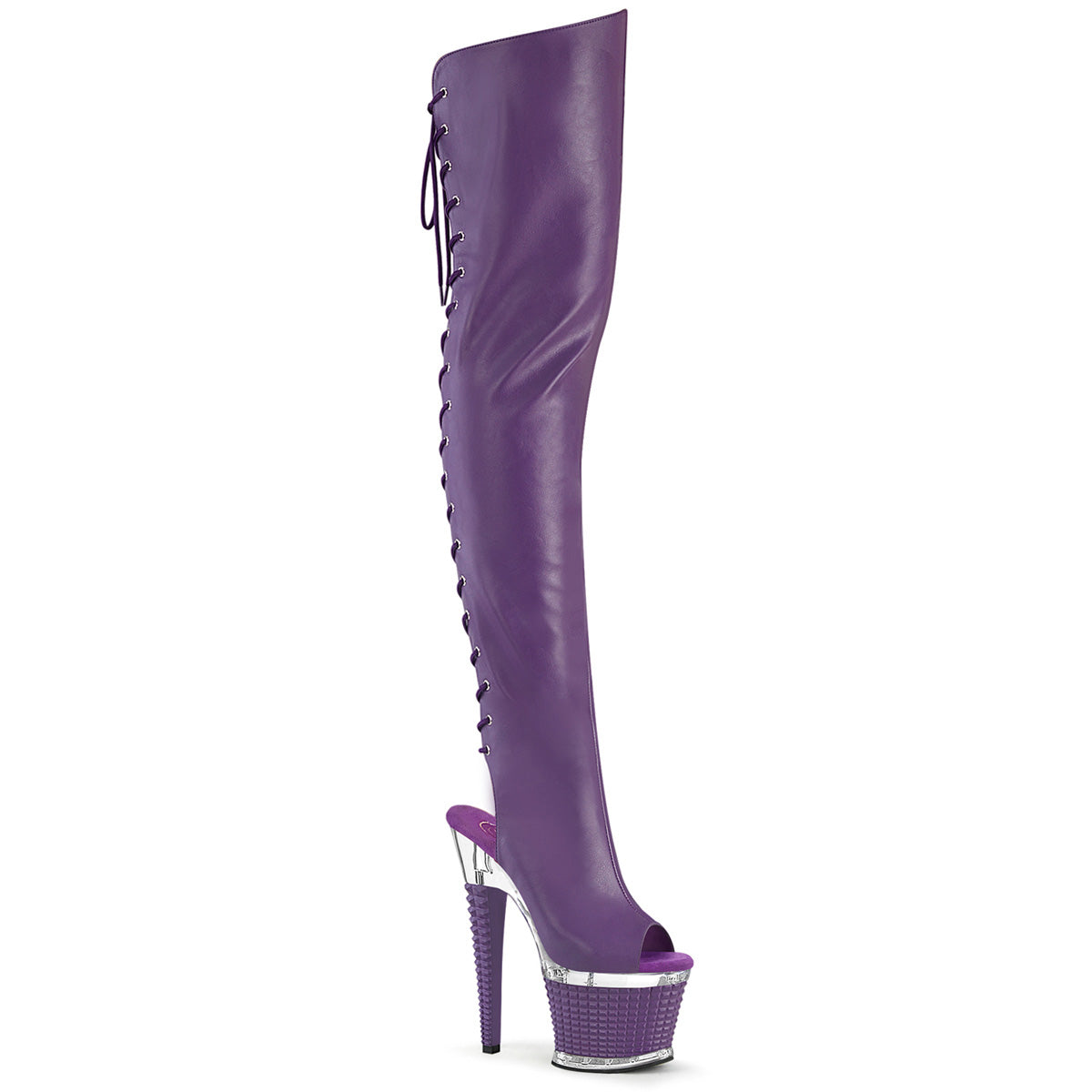 SPECTATOR-3030 *7" Heel, 3" Textured PF Lace-Up Back Thigh Boot, Side Zip
