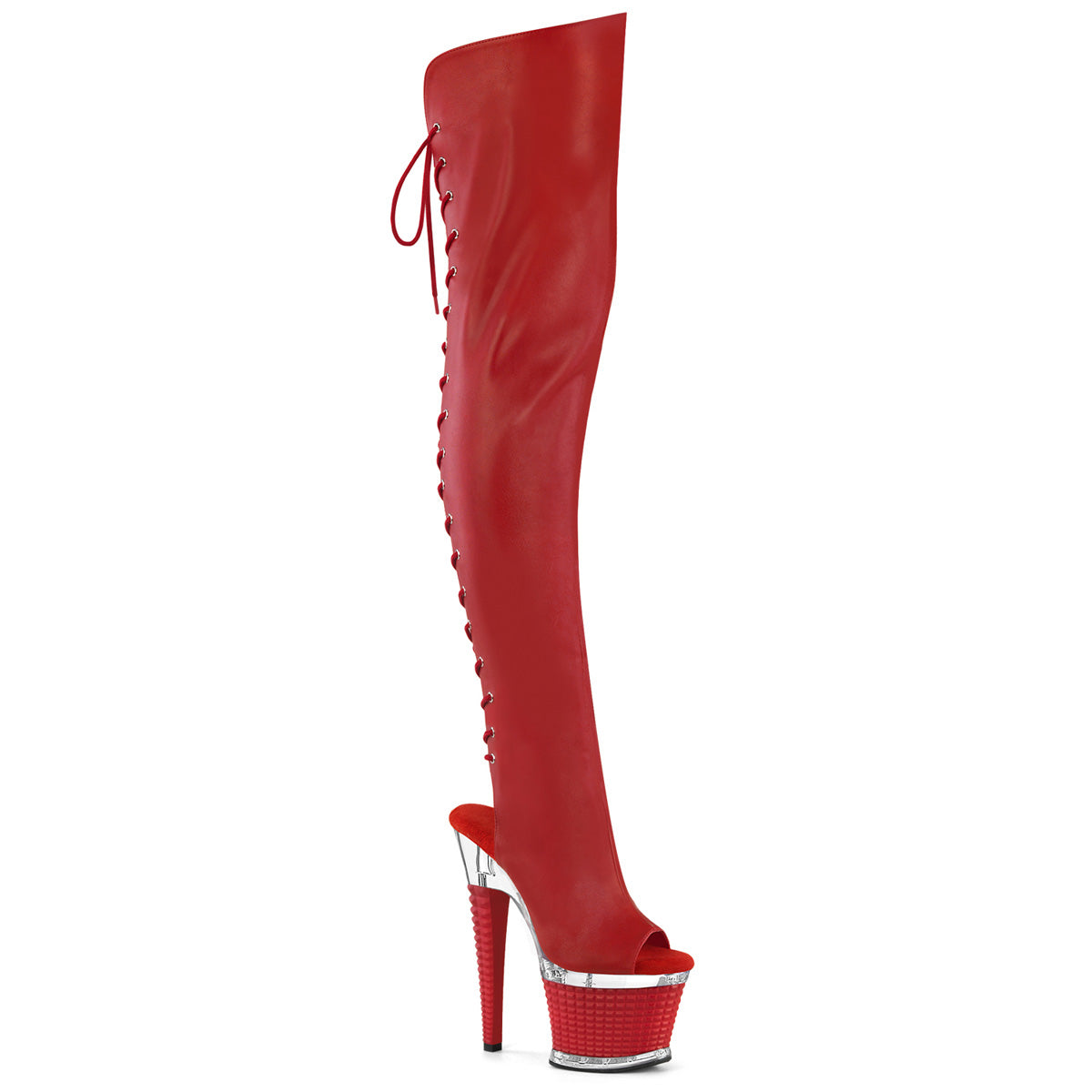 SPECTATOR-3030 *7" Heel, 3" Textured PF Lace-Up Back Thigh Boot, Side Zip