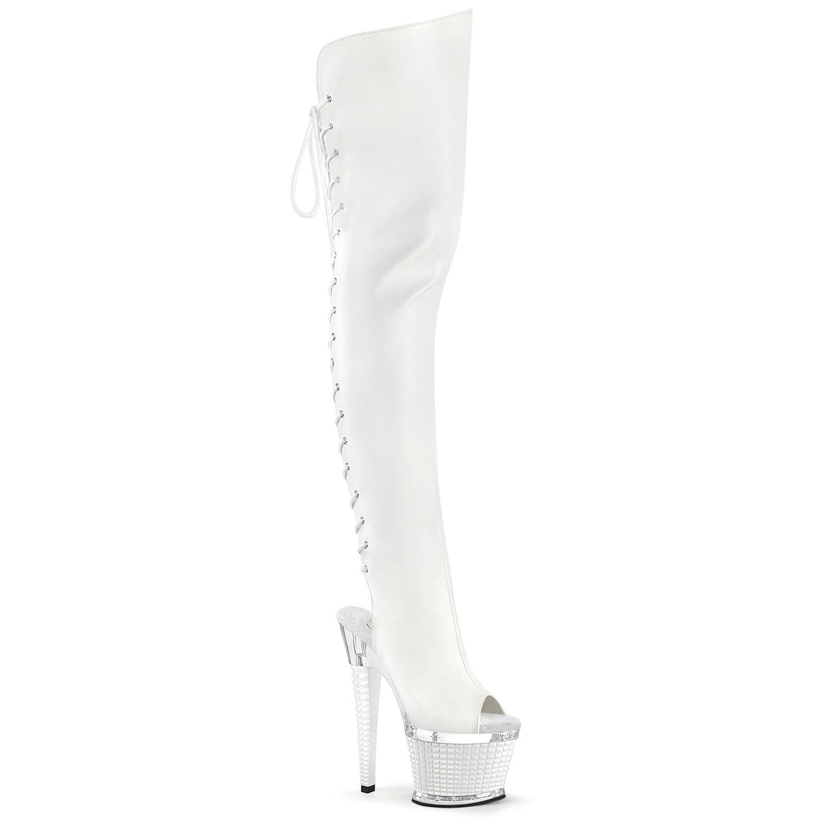 SPECTATOR-3030 *7" Heel, 3" Textured PF Lace-Up Back Thigh Boot, Side Zip