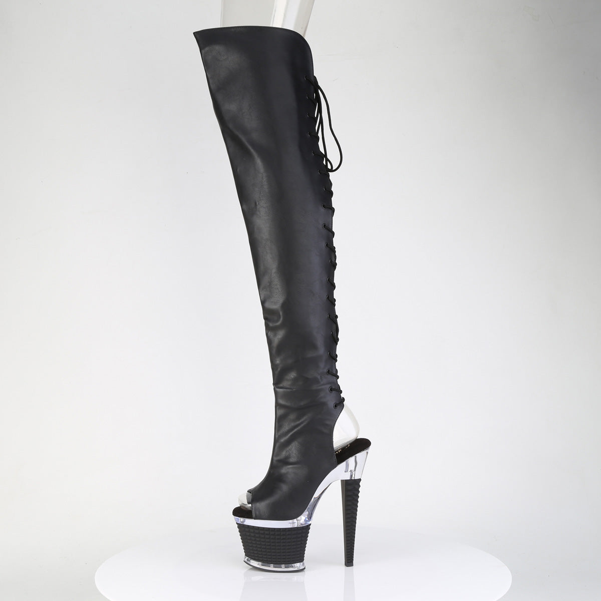 SPECTATOR-3030 7" Heel, 3" Textured PF Lace-Up Back Thigh Boot, Side Zip