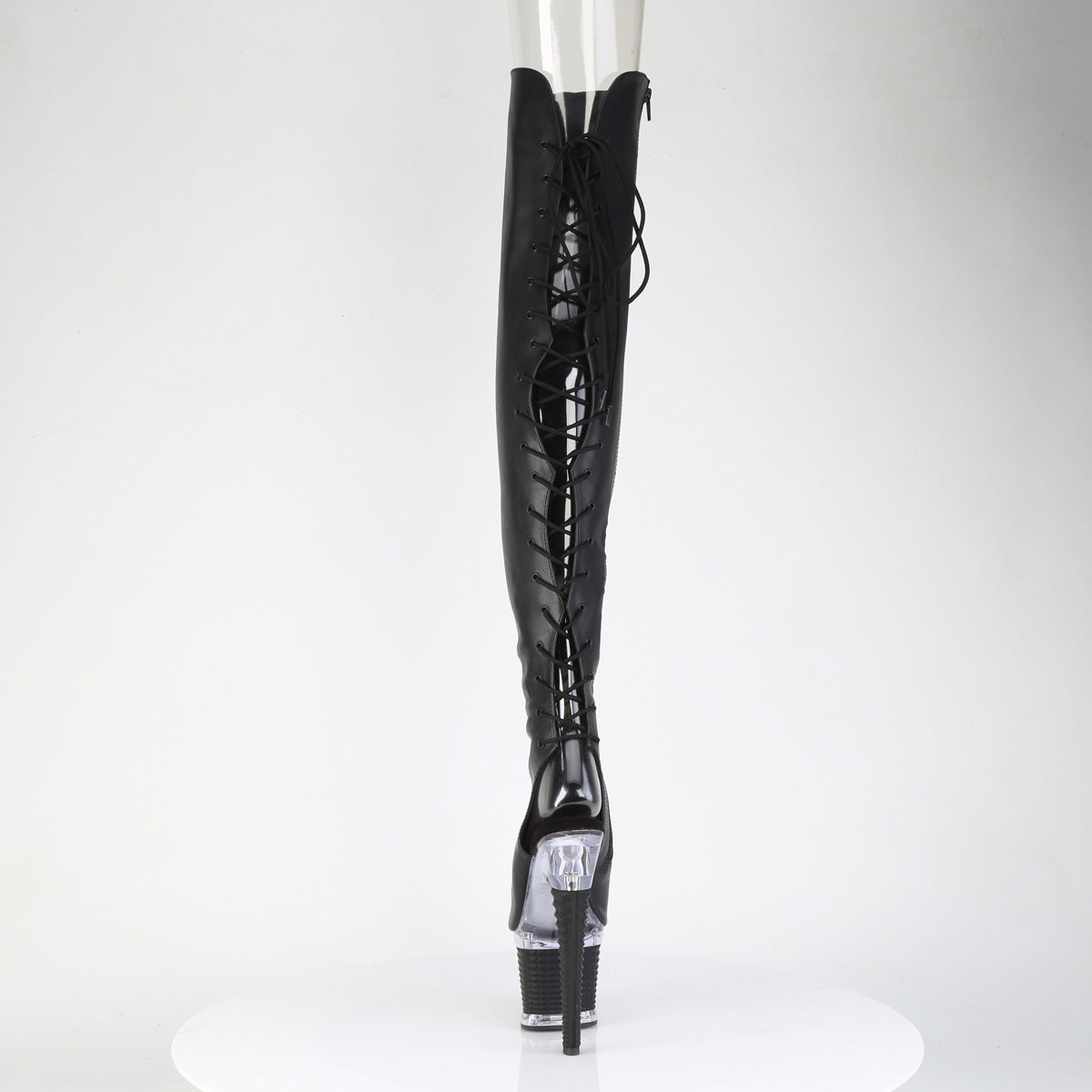 SPECTATOR-3030 7" Heel, 3" Textured PF Lace-Up Back Thigh Boot, Side Zip