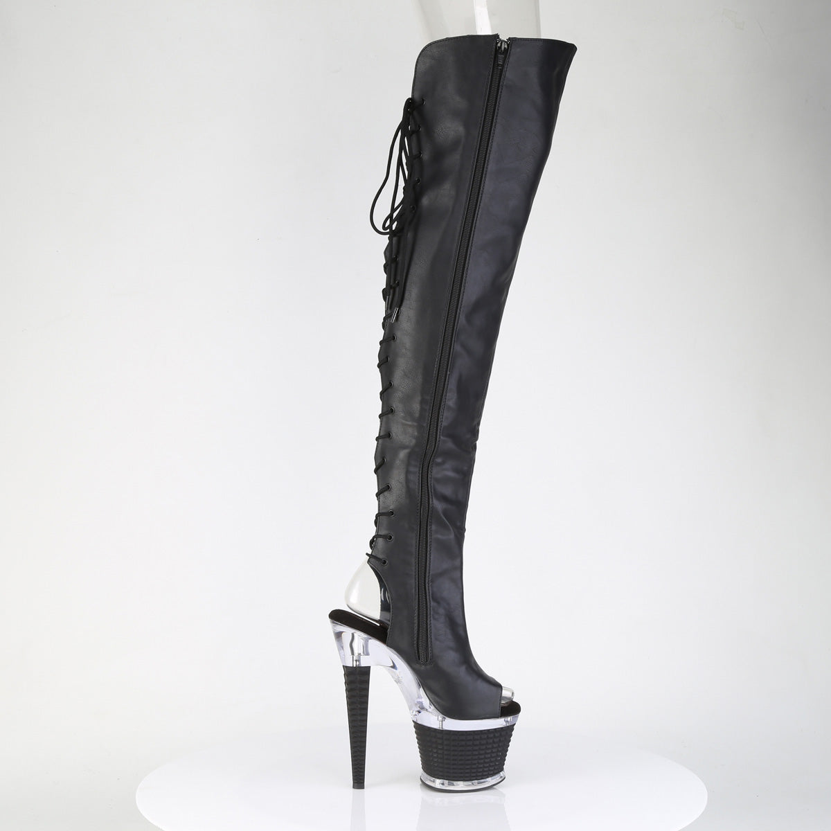 SPECTATOR-3030 7" Heel, 3" Textured PF Lace-Up Back Thigh Boot, Side Zip
