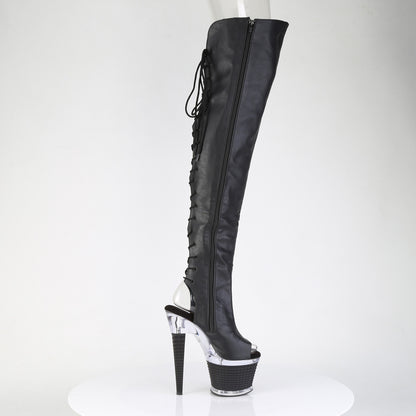 SPECTATOR-3030 7" Heel, 3" Textured PF Lace-Up Back Thigh Boot, Side Zip