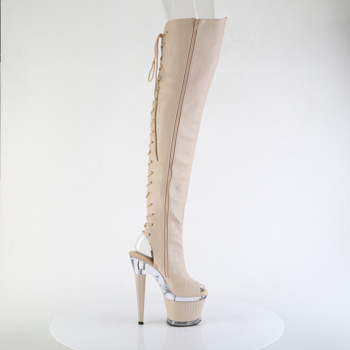 SPECTATOR-3030 *7" Heel, 3" Textured PF Lace-Up Back Thigh Boot, Side Zip