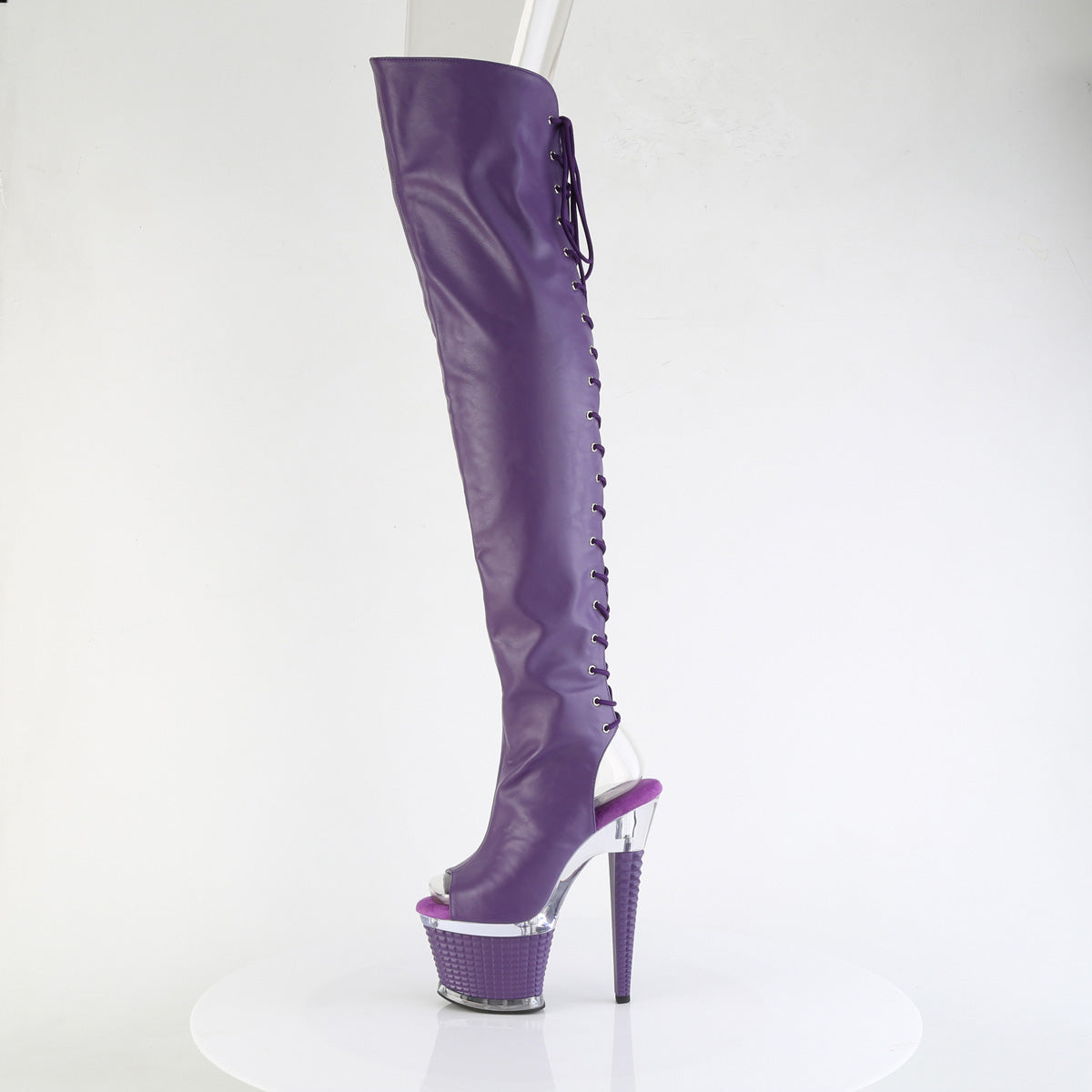 SPECTATOR-3030 *7" Heel, 3" Textured PF Lace-Up Back Thigh Boot, Side Zip