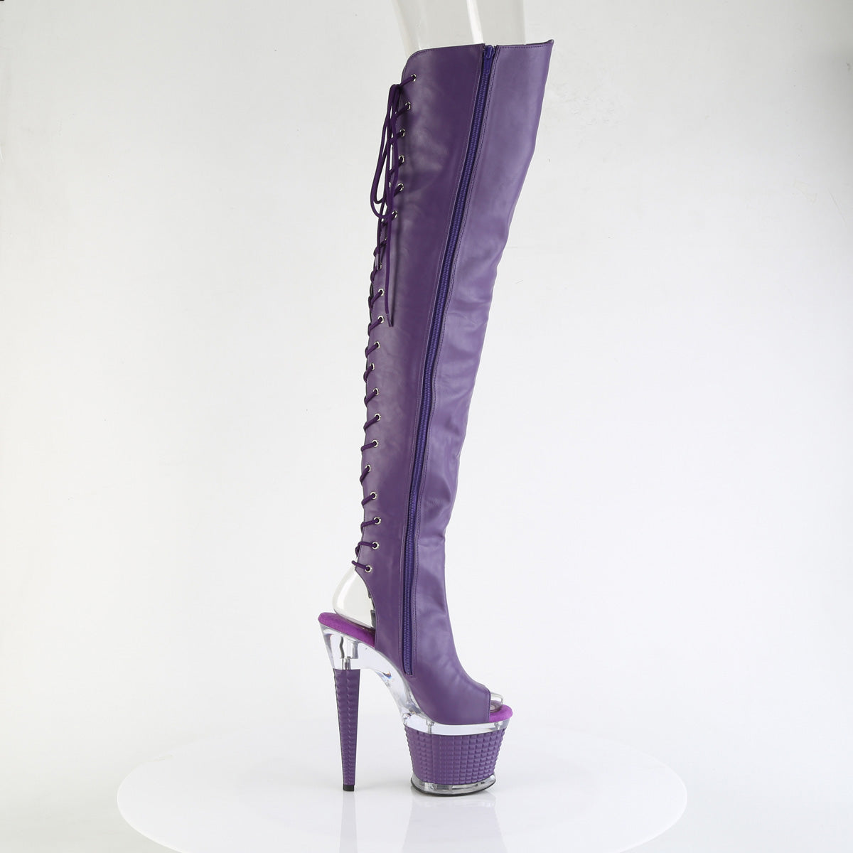 SPECTATOR-3030 *7" Heel, 3" Textured PF Lace-Up Back Thigh Boot, Side Zip
