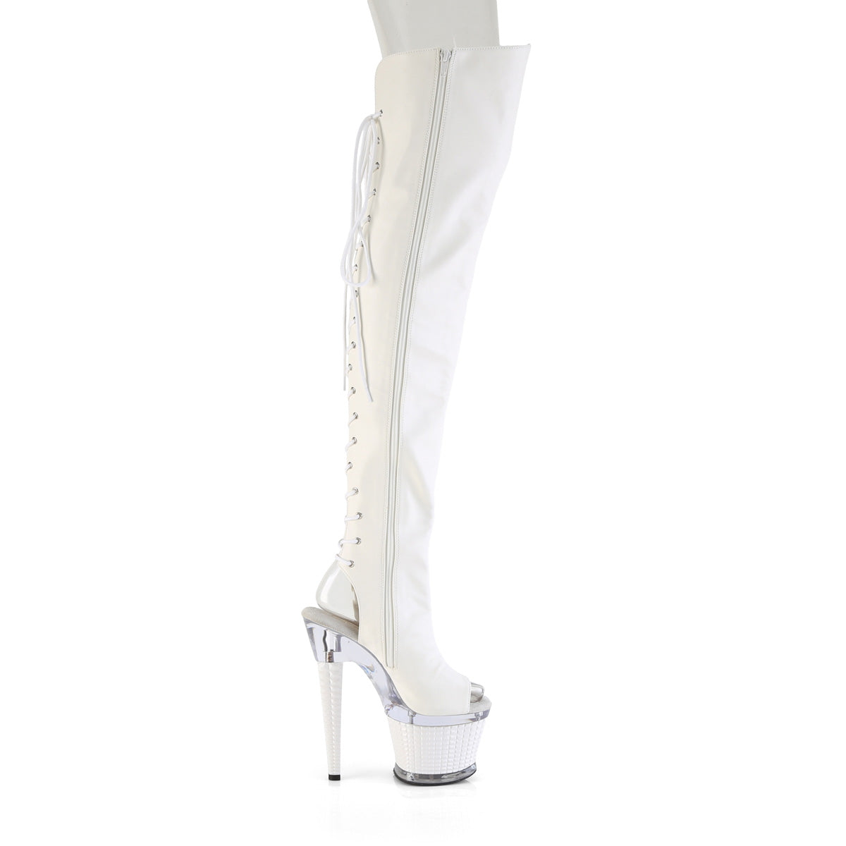 SPECTATOR-3030 *7" Heel, 3" Textured PF Lace-Up Back Thigh Boot, Side Zip