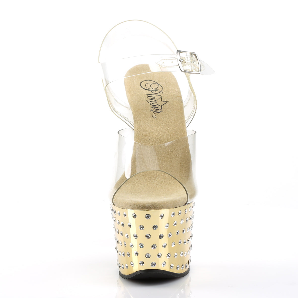 STARDUST-708 7" Heel, 2 3/4" R/S Studded Chrome PF Ankle Strap Sandal