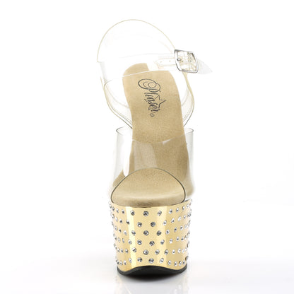 STARDUST-708 7" Heel, 2 3/4" R/S Studded Chrome PF Ankle Strap Sandal