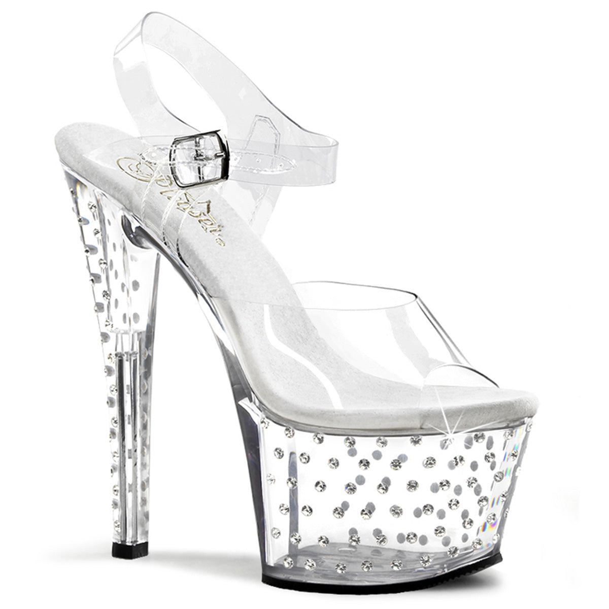 STARDUST-708 7" Heel, 2 3/4" R/S Studded Chrome PF Ankle Strap Sandal