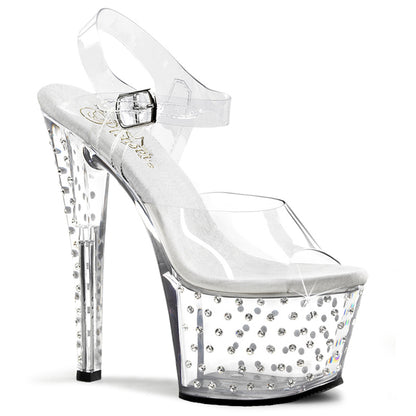 STARDUST-708 7" Heel, 2 3/4" R/S Studded Chrome PF Ankle Strap Sandal