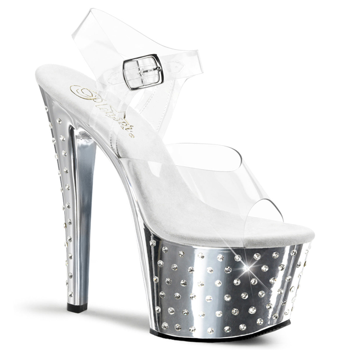 STARDUST-708 7" Heel, 2 3/4" R/S Studded Chrome PF Ankle Strap Sandal