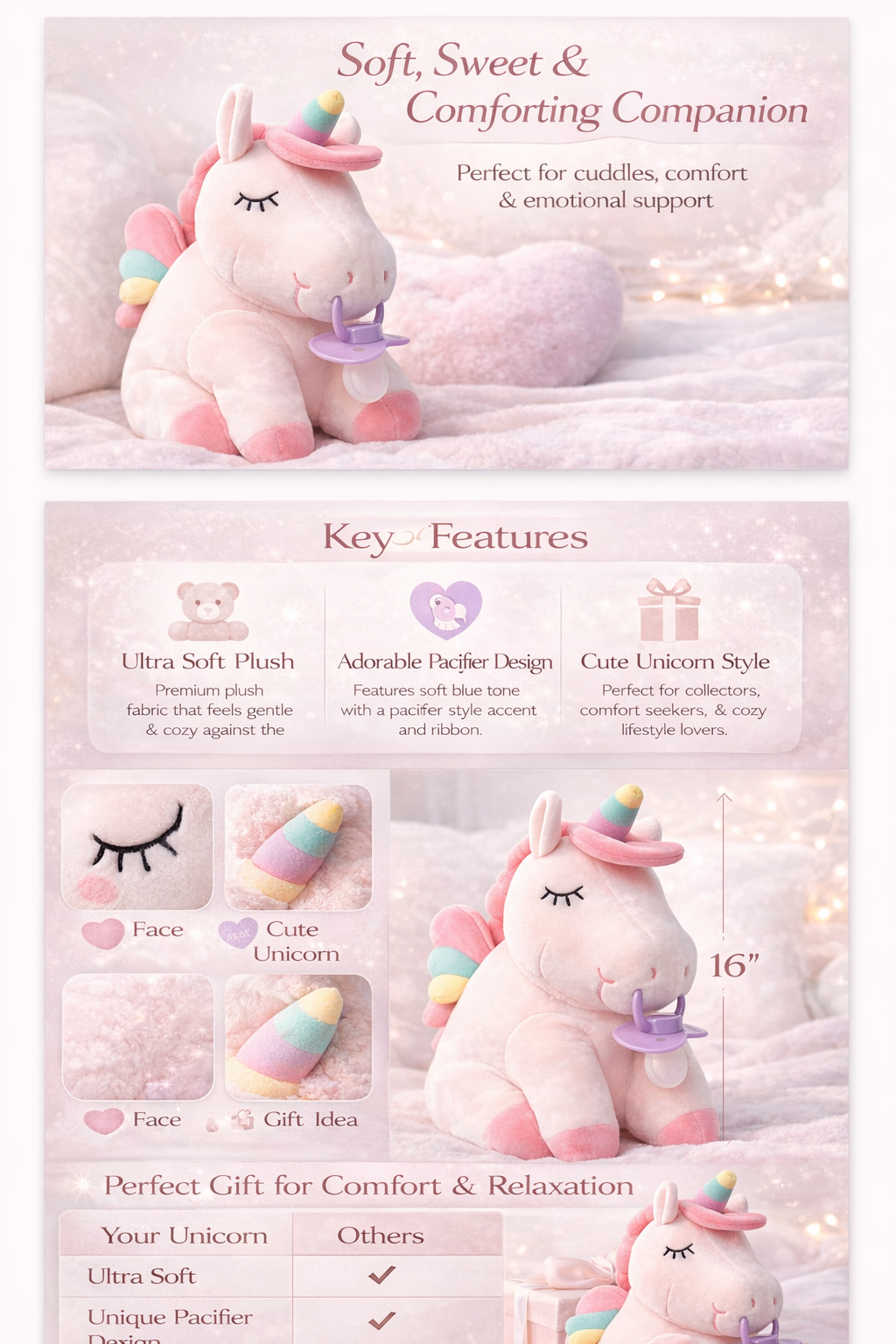 Pacifier Stuffie Animal Plush Kiss The Unicorn Pacifier Holder