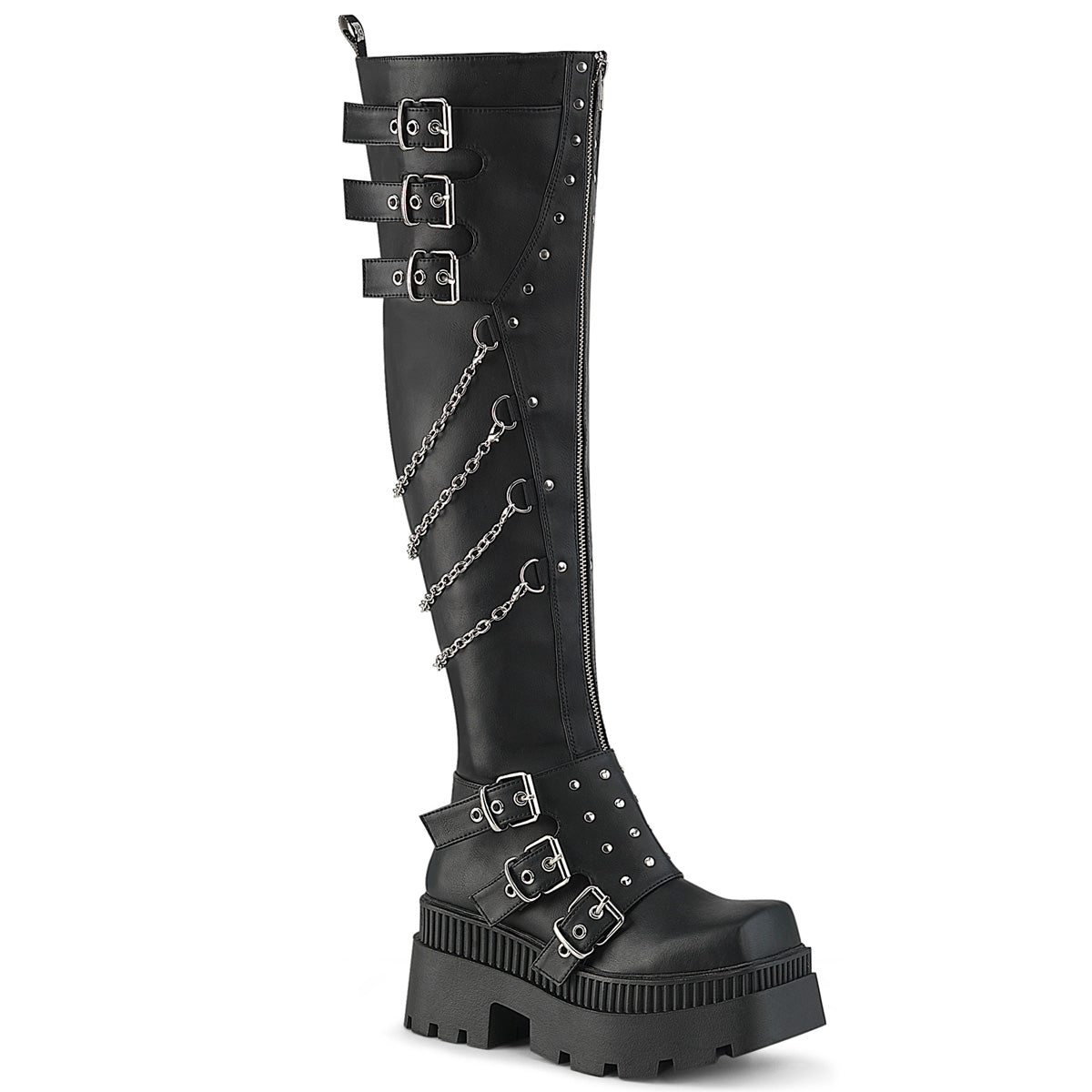 WRATH-310 3 1/4" Chunky Heel, 2" Square-Toe PF Thigh Boot, Inside Zip