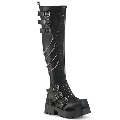 WRATH-310 3 1/4" Chunky Heel, 2" Square-Toe PF Thigh Boot, Inside Zip