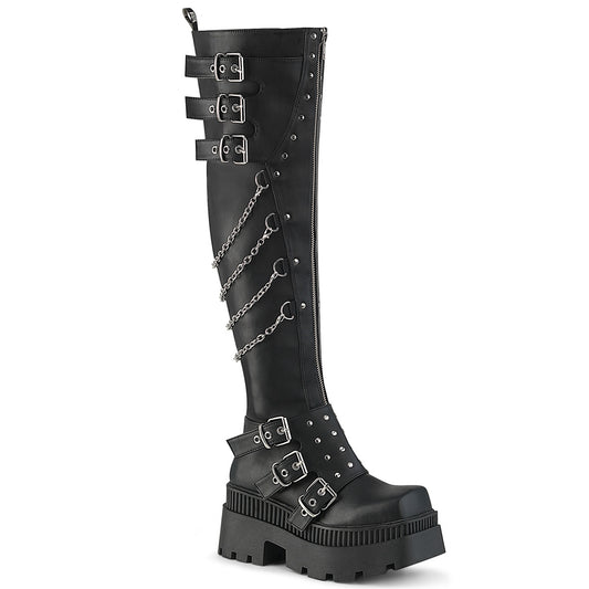 WRATH-310 3 1/4" Chunky Heel, 2" Square-Toe PF Thigh Boot, Inside Zip
