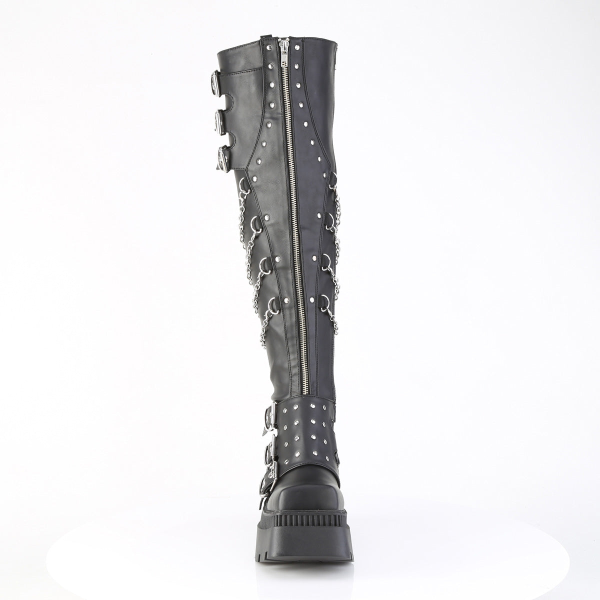 WRATH-310 3 1/4" Chunky Heel, 2" Square-Toe PF Thigh Boot, Inside Zip