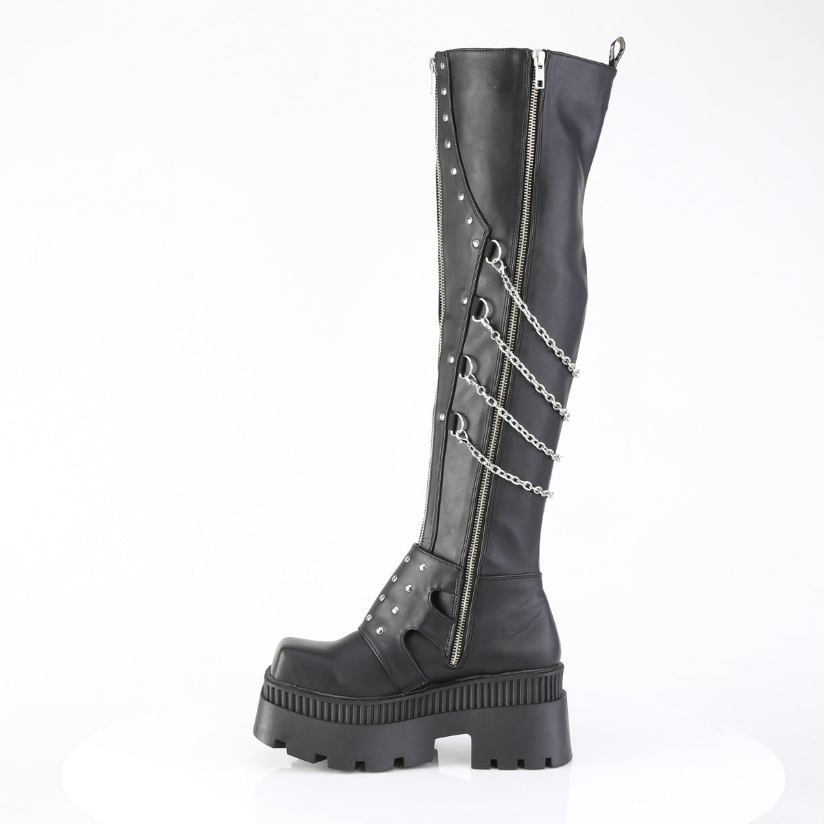 WRATH-310 3 1/4" Chunky Heel, 2" Square-Toe PF Thigh Boot, Inside Zip