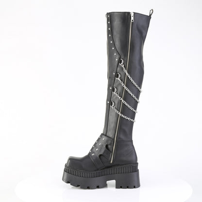 WRATH-310 3 1/4" Chunky Heel, 2" Square-Toe PF Thigh Boot, Inside Zip
