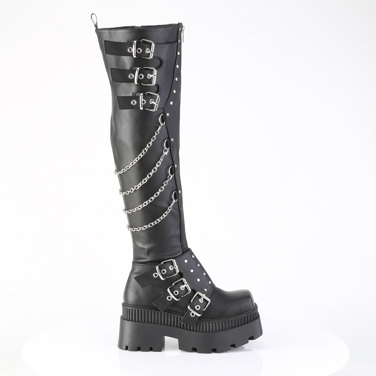 WRATH-310 3 1/4" Chunky Heel, 2" Square-Toe PF Thigh Boot, Inside Zip