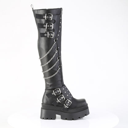 WRATH-310 3 1/4" Chunky Heel, 2" Square-Toe PF Thigh Boot, Inside Zip