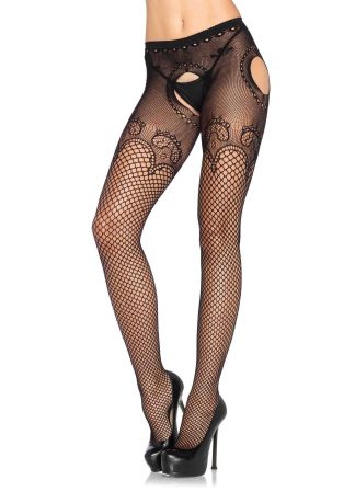 Industrial Net suspender hose with duchess lace top accent O/S BLACK