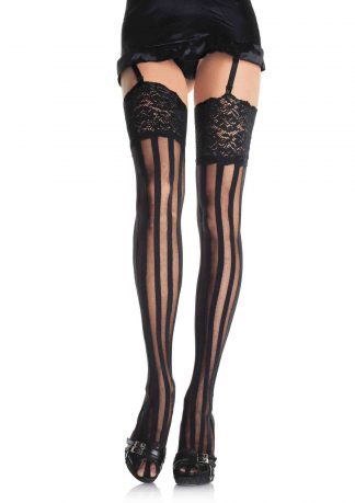 Stripe Thigh Hi with Lace Top O/S BLACK
