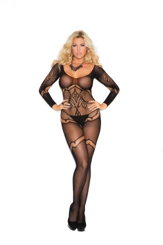 Long Sleeve Crochet Bodystocking With Floral Design And Open Crotch EM-1289Q