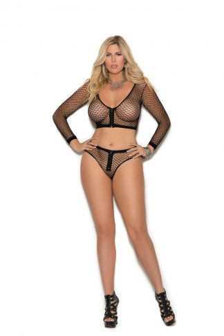 Long Sleeve Fence Net Cami Top With Zip Front And Matching Booty Shorts EM-1335Q
