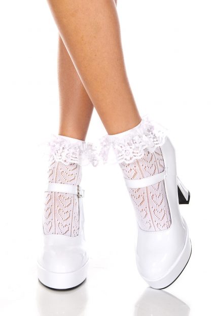 Heart Net Design Ankle Hi With Ruffle Trim