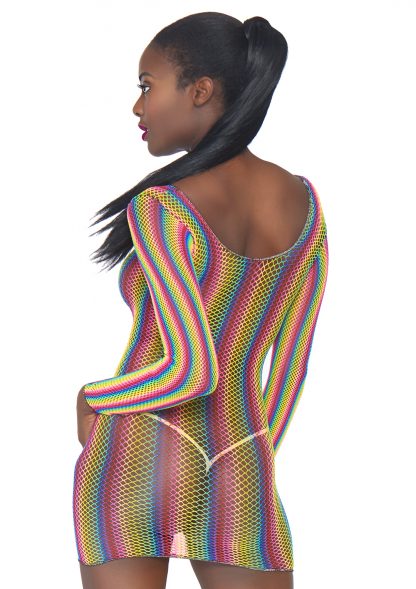 Rainbow Fishnet Long Sleeved Mini Dress