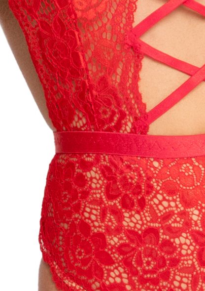 High Neck Floral Lace Backless Teddy With Lace Up Accents and Crotchless Thong Panty
